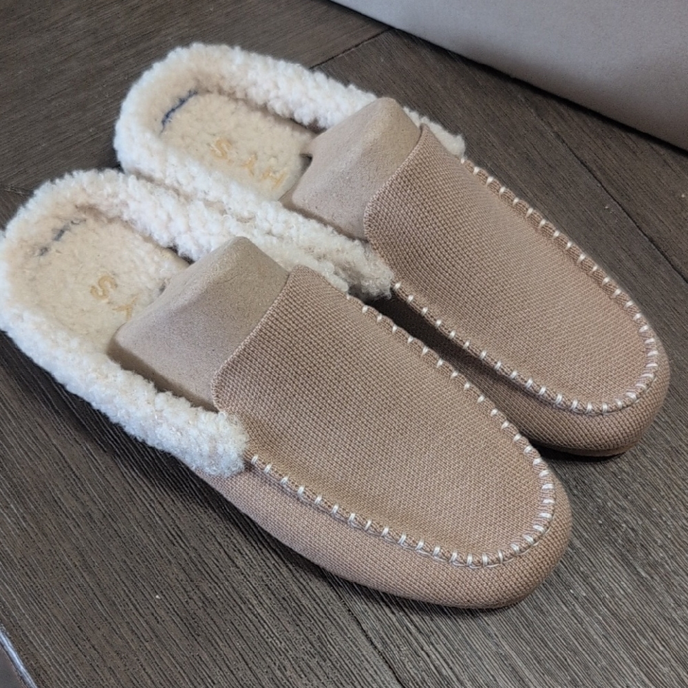 Cozy Birch Tan Rothy Scuff Slippers with Faux Fur Lining